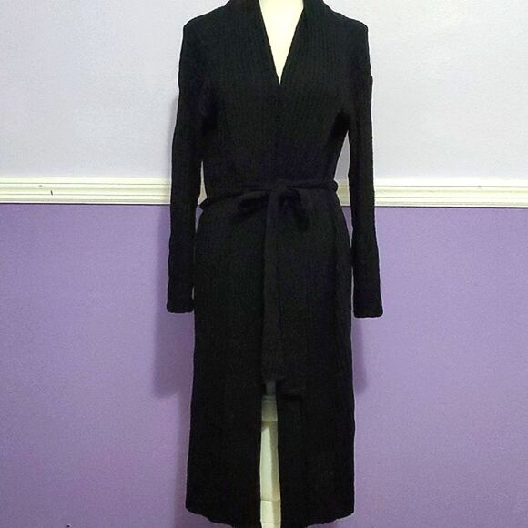 Cozy Co by Cozy Casual Black Tied Waist Pointelle Knit Longline Duster Cardigan - Picture 1 of 12